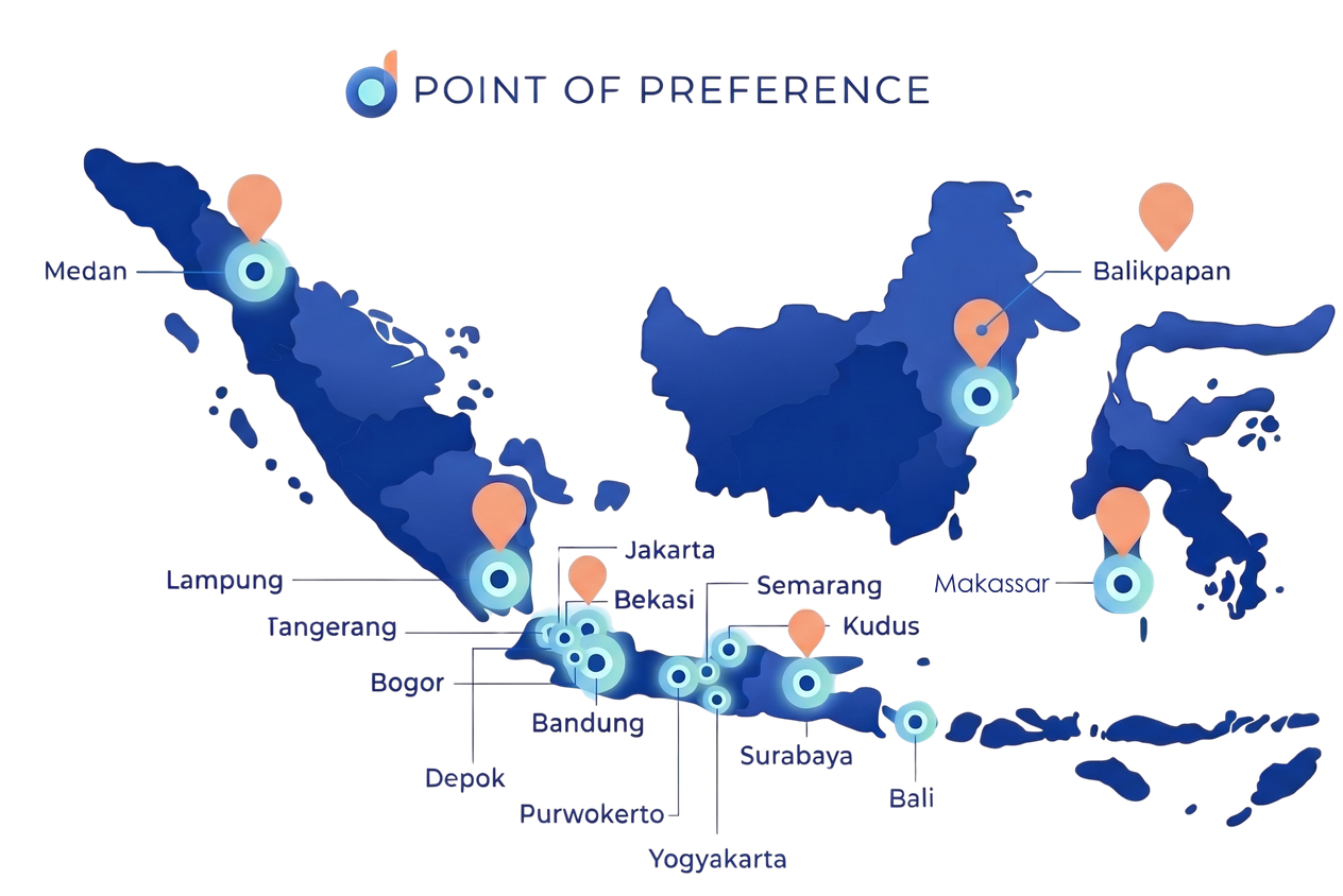 Peta Point of Preference DINUSA di 16 kota Indonesia: Medan, Lampung, Tangerang, Bogor, Depok, Jakarta, Bekasi, Bandung, Purwokerto, Yogyakarta, Semarang, Kudus, Surabaya, Bali, Balikpapan, dan Makassar.