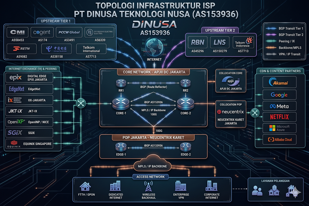 Diagram topologi infrastruktur ISP PT Dinamika Teknologi Nusa (AS153936): upstream Tier-1 dan Tier-2, internet exchange dan peering, core network di APJII DC Jakarta dengan RR1, RR2, CORE-1 dan CORE-2, PoP Neucentrix Karet dengan EDGE-1 dan EDGE-2, backbone MPLS/IP 100G, access network FTTH/GPON, dedicated internet, wireless backhaul, enterprise VPN, dan corporate internet, serta mitra CDN dan konten.